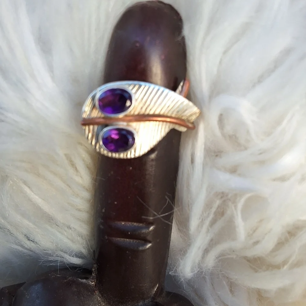 Sterling Silver Amethyst Leaf Design Bypass Ring 9